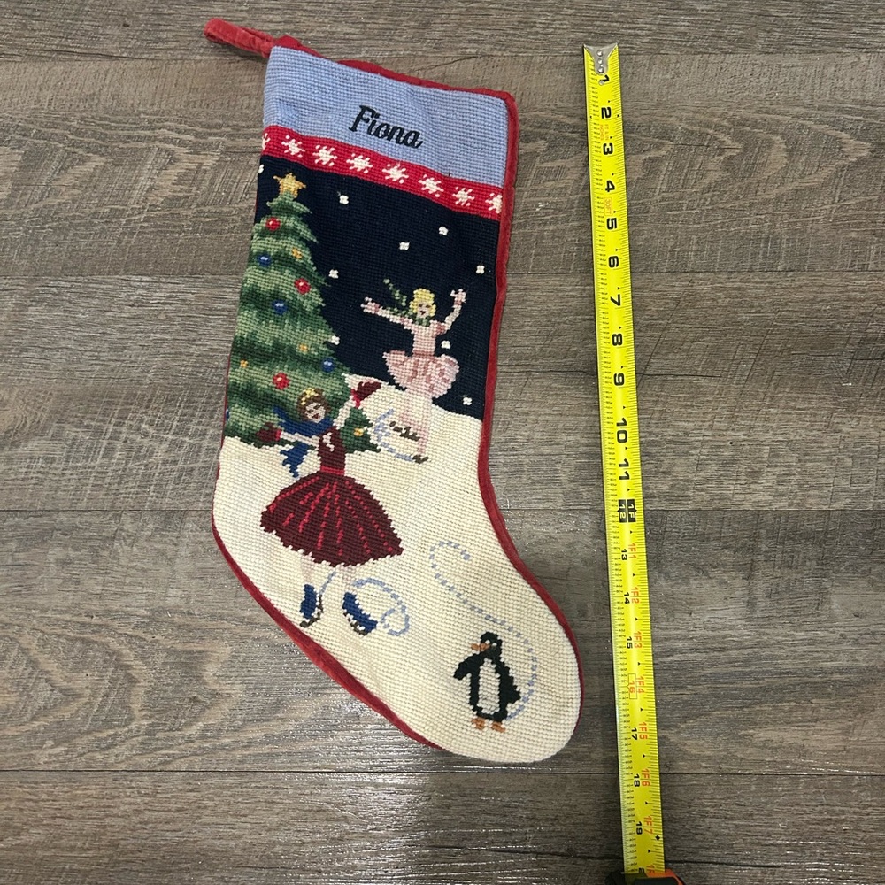 LAND’S END Ice Skater’s Wool Needlepoint Christmas Stocking Monogrammed “Fiona”